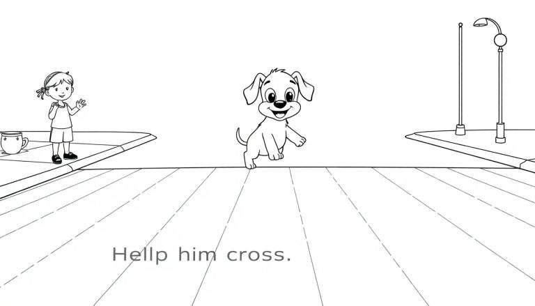 Una placa de color para colorear de una niña saludando a un perrito en un paso de cebra.