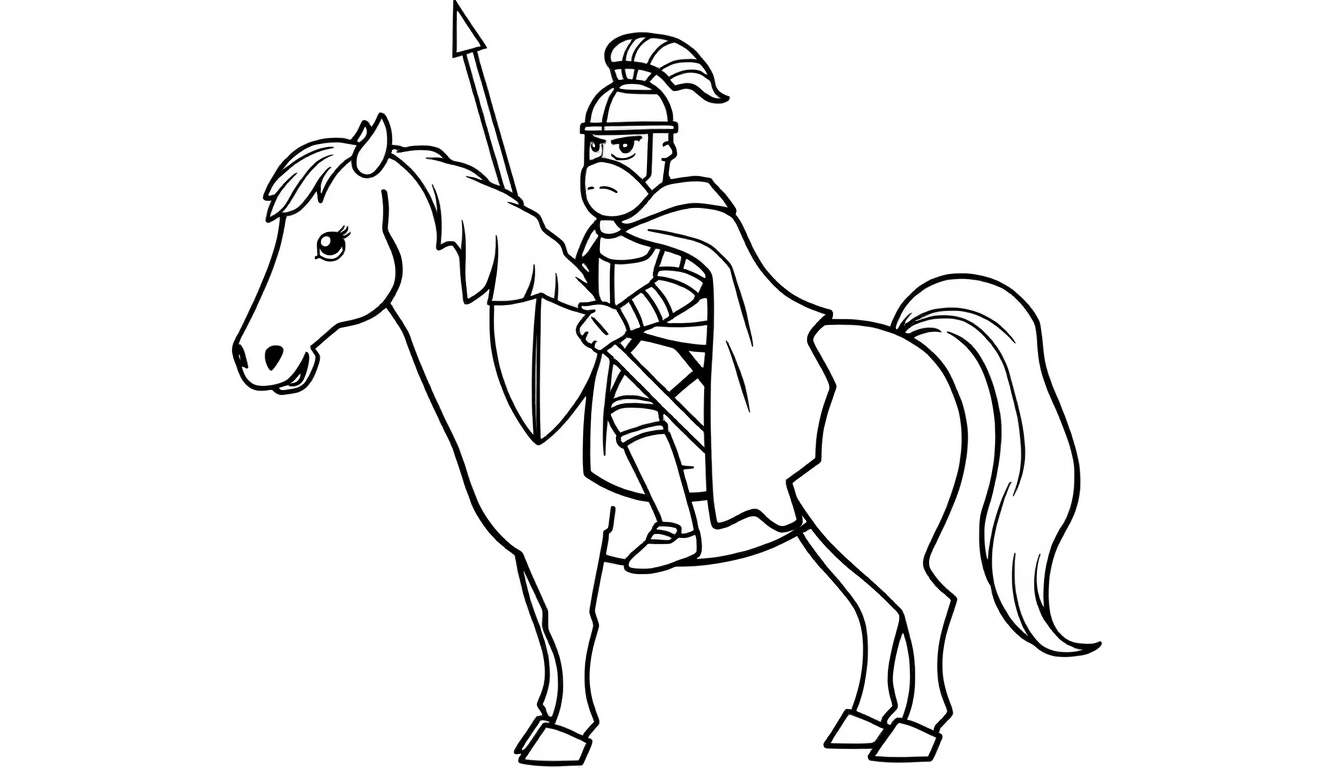 Caballero valiente en su caballo listo para colorear en la placa de color.
