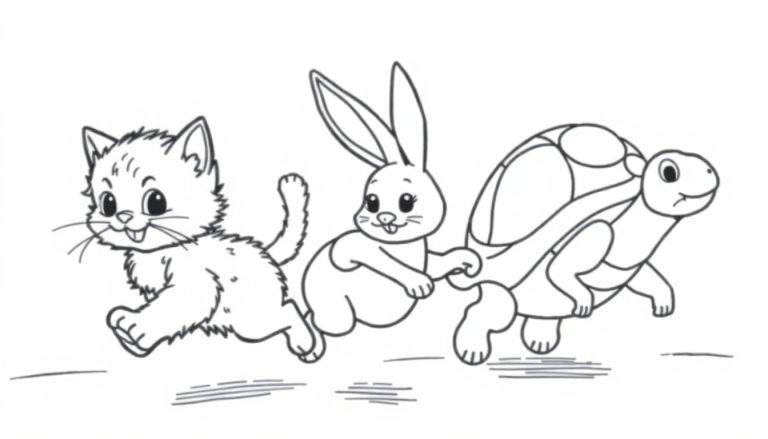 Una placa de color con un gato, un conejo y una tortuga corriendo.