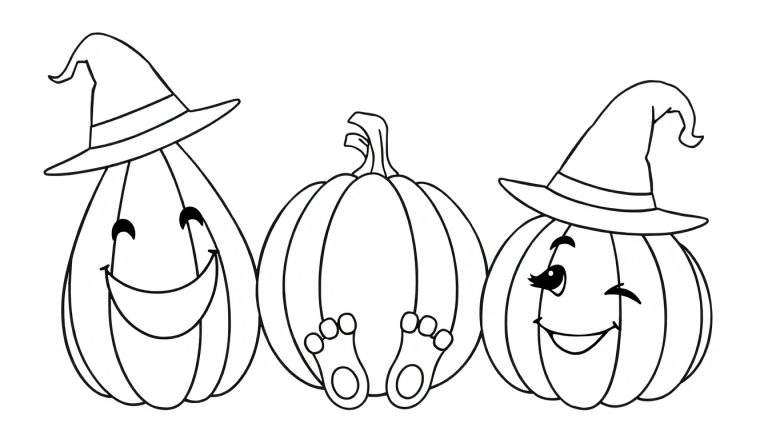 Placa de color de tres calabazas de Halloween de dibujos animados, dos con sombreros de bruja, listas para colorear.