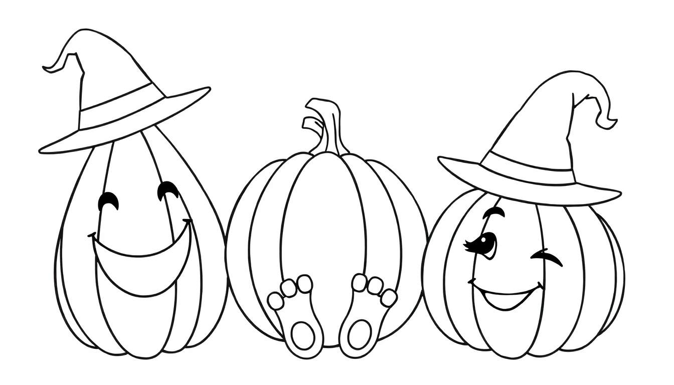 Placa de color de tres calabazas de Halloween de dibujos animados, dos con sombreros de bruja, listas para colorear.