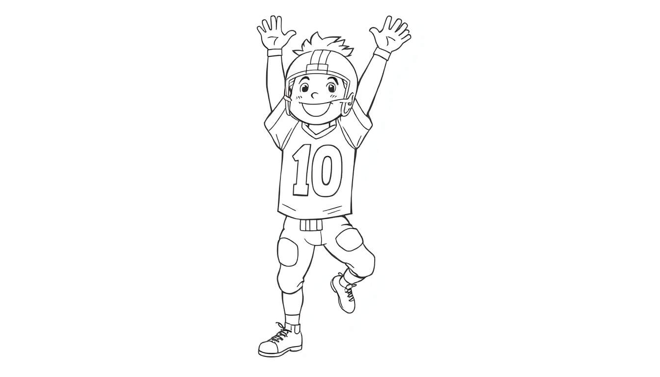 Niño jugador de fútbol americano celebrando, un dibujo para colorear con la placa de color.