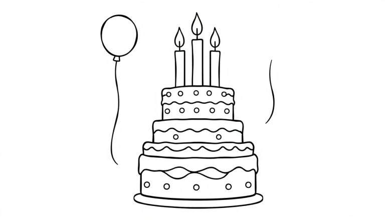Placa de color para colorear de un pastel de cumpleaños con velas encendidas y un globo.