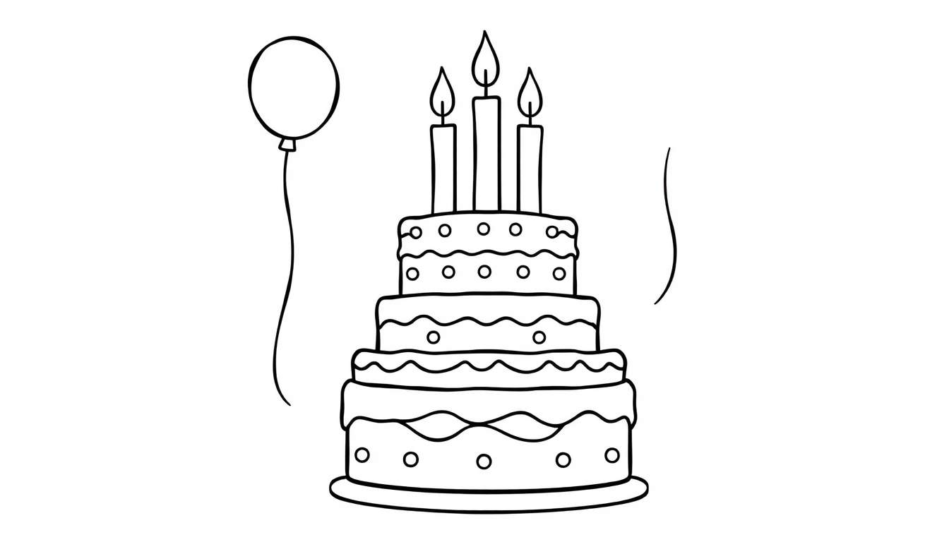 Placa de color para colorear de un pastel de cumpleaños con velas encendidas y un globo.