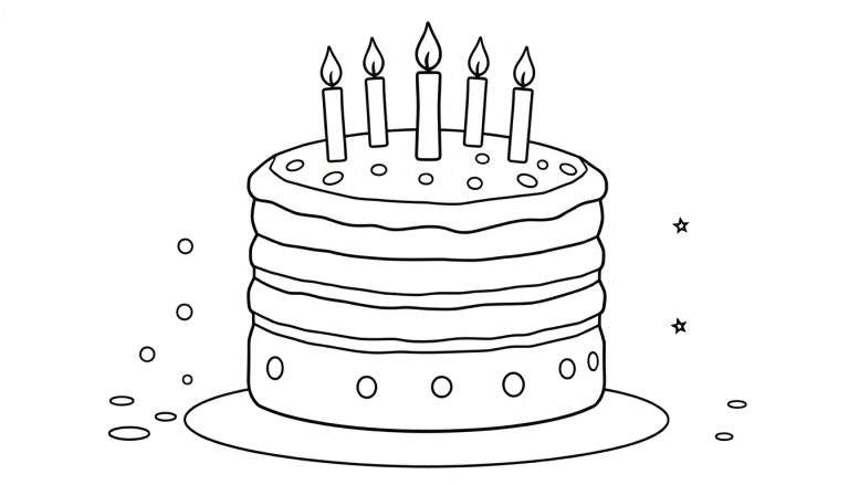 Placa de color de un pastel de cumpleaños de varios niveles con velas y confeti.