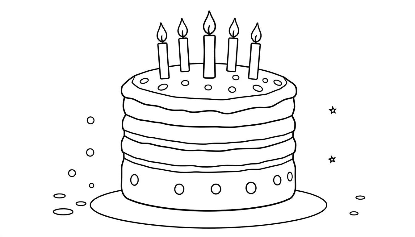 Placa de color de un pastel de cumpleaños de varios niveles con velas y confeti.