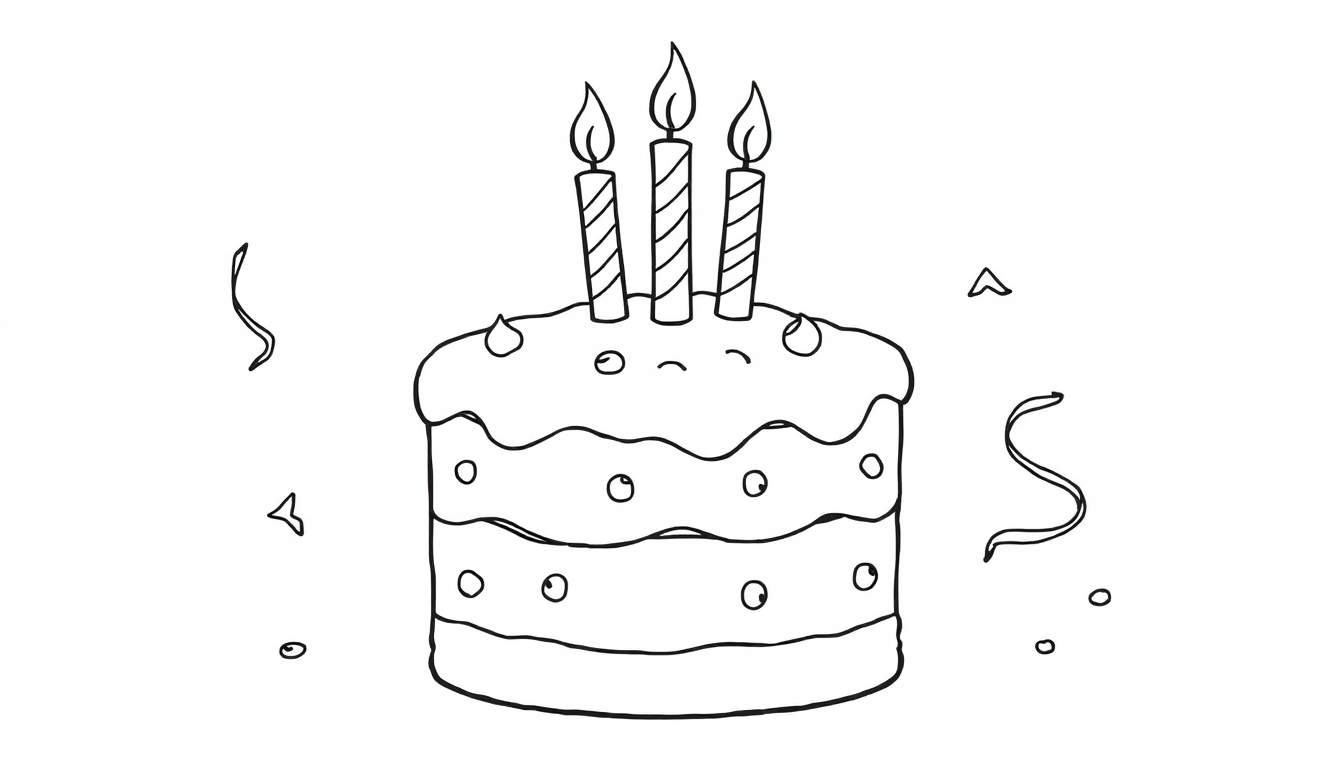 Placa de color de un pastel de cumpleaños de tres niveles con velas y confeti.