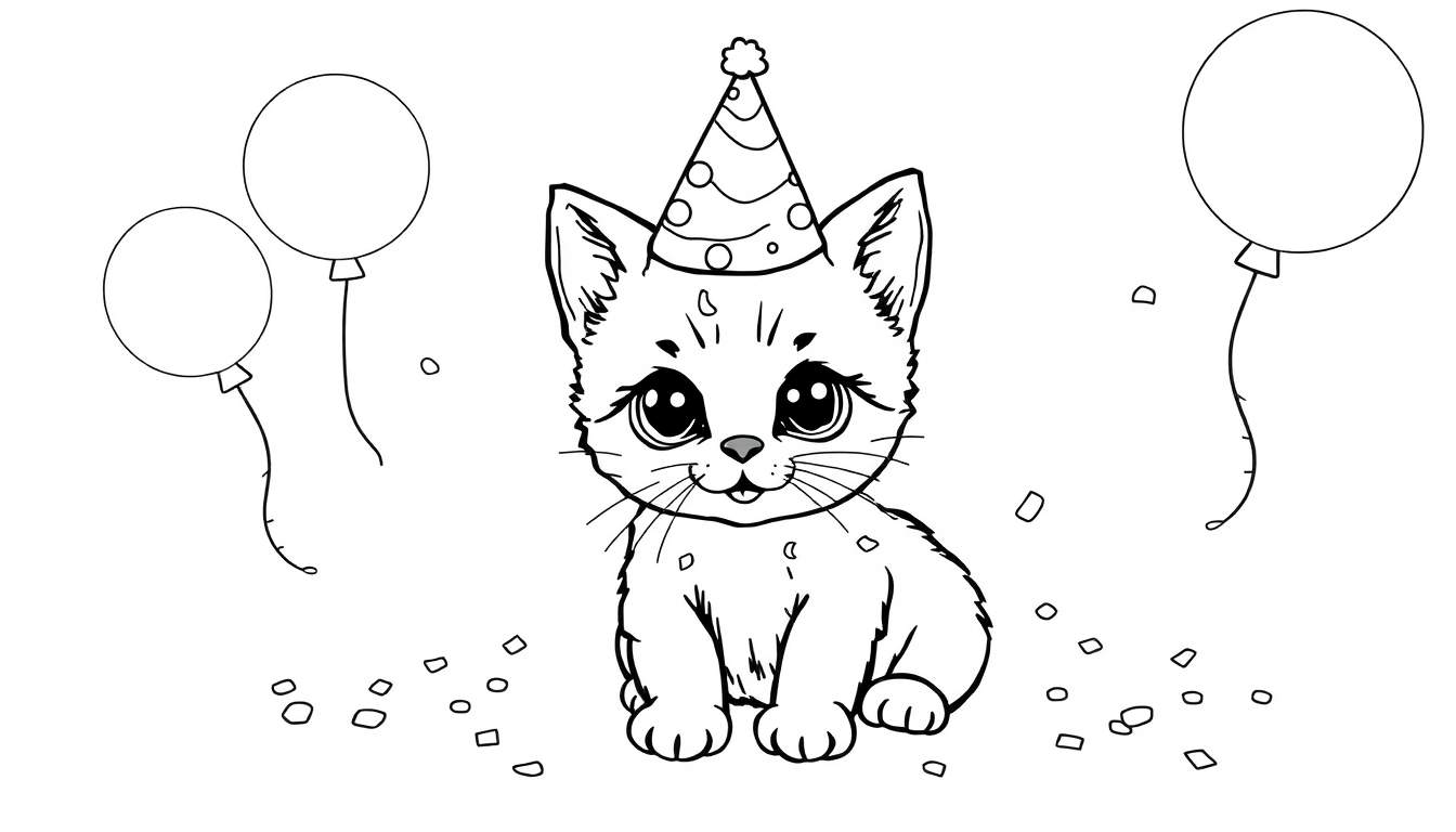Placa de color de gatito festivo con sombrero y confeti.