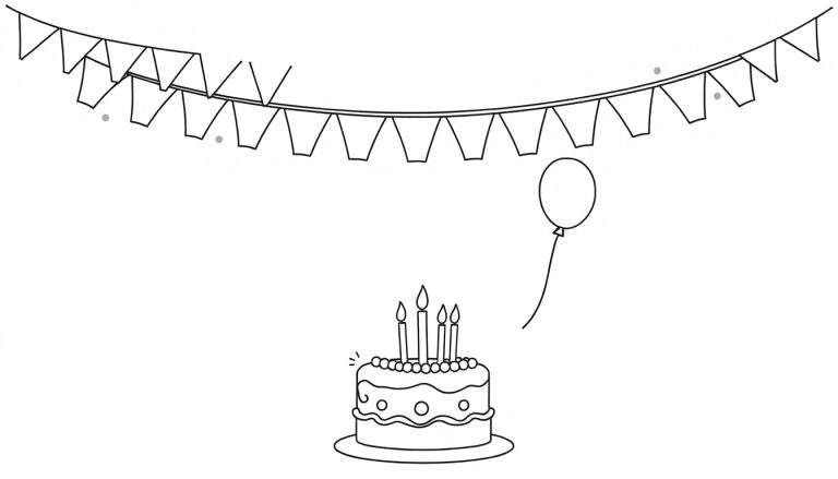 Página para colorear de placa de color festiva con guirnaldas, globos y un pastel de cumpleaños.