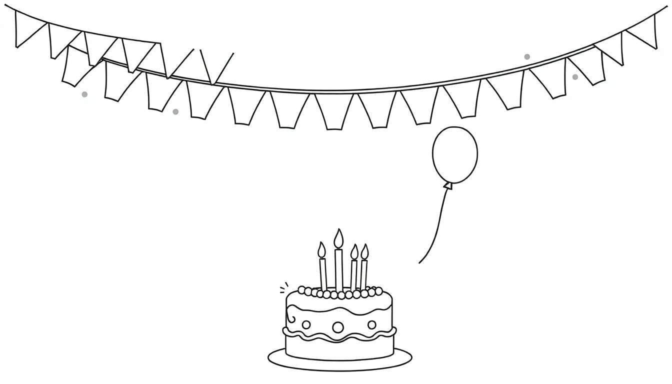 Página para colorear de placa de color festiva con guirnaldas, globos y un pastel de cumpleaños.