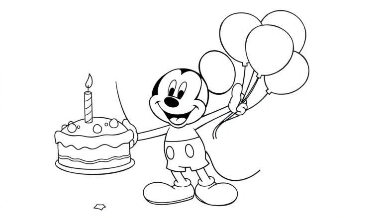 Placa de color de Mickey Mouse con pastel y globos.