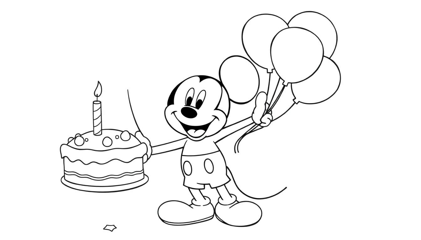 Placa de color de Mickey Mouse con pastel y globos.