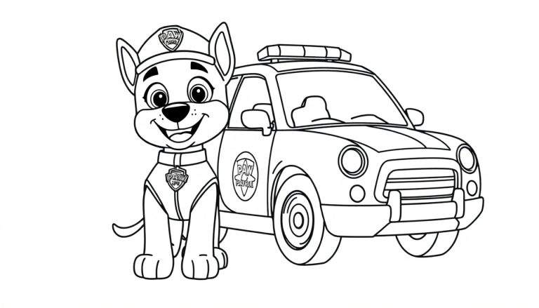 Chase de la Patrulla Canina y su coche patrulla listos para colorear con una placa de color