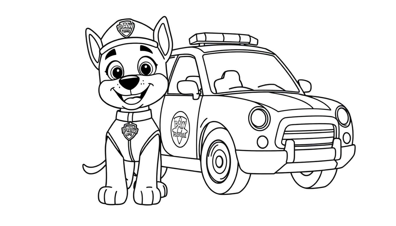 Chase de la Patrulla Canina y su coche patrulla listos para colorear con una placa de color
