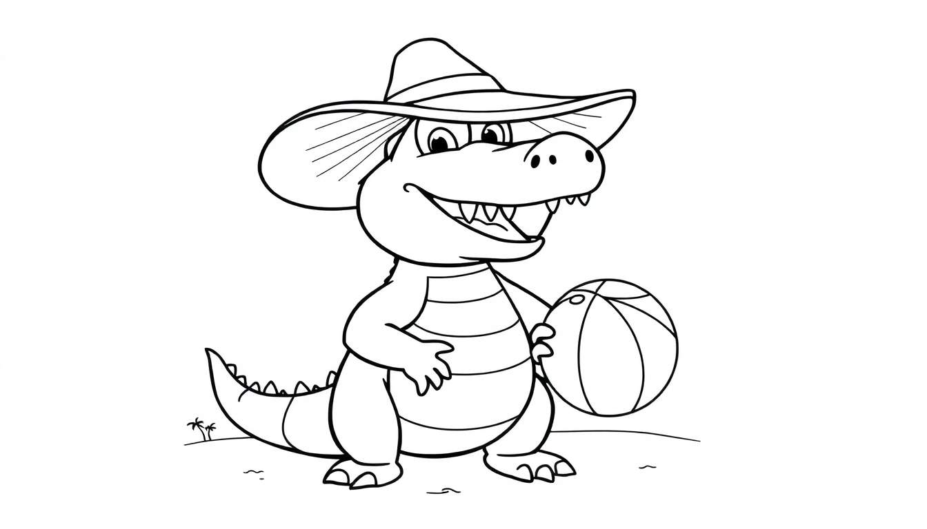 Un cocodrilo amigable con sombrero de sol sosteniendo una pelota de playa en una playa, listo para colorear en su placa.