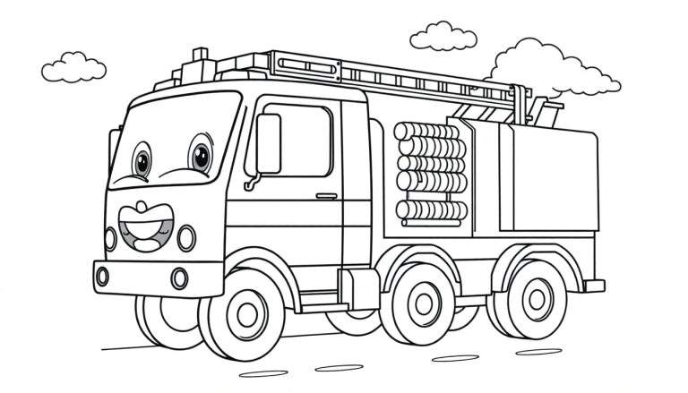 Camión de bomberos de caricatura sonriente listo para colorear con la placa de color.