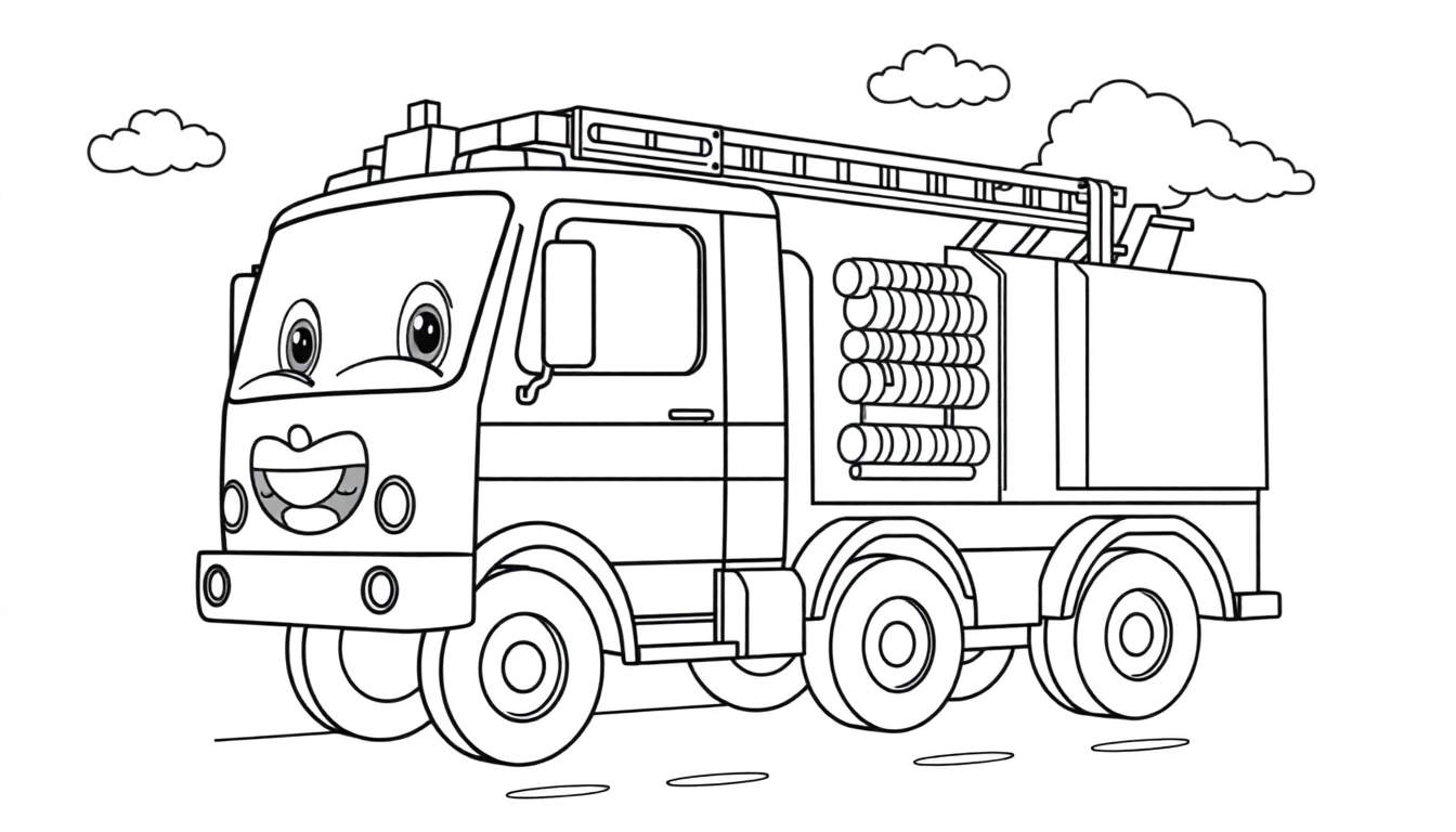 Camión de bomberos de caricatura sonriente listo para colorear con la placa de color.