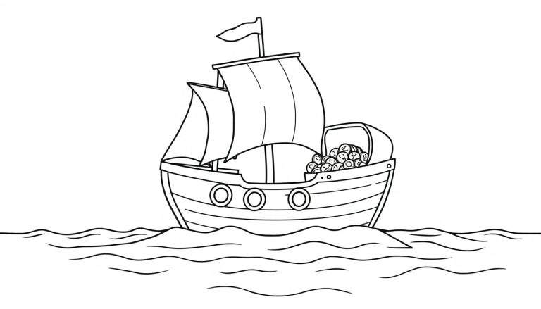 Barco pirata amigable listo para colorear, con olas y tesoro.