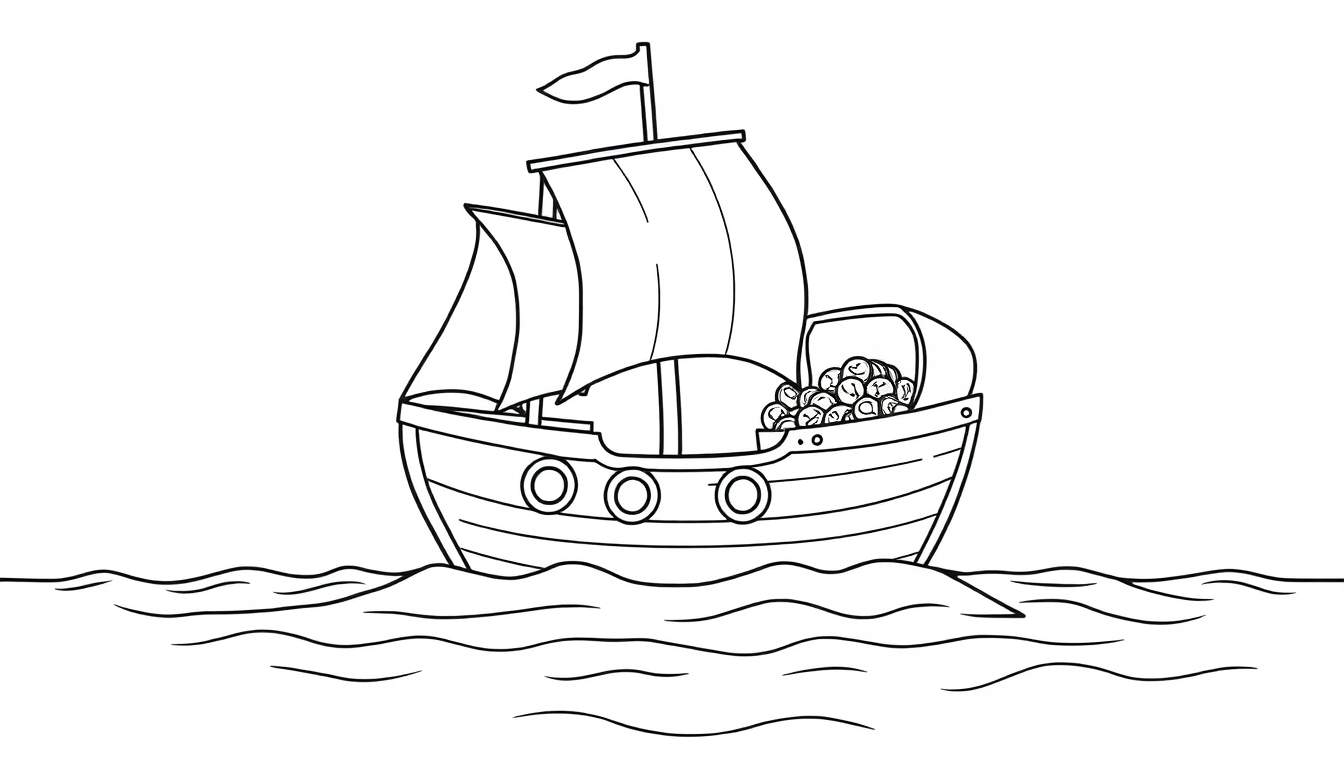 Barco pirata amigable listo para colorear, con olas y tesoro.