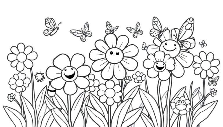 Placa de color: Un jardín dibujado en blanco y negro con flores sonrientes y mariposas.