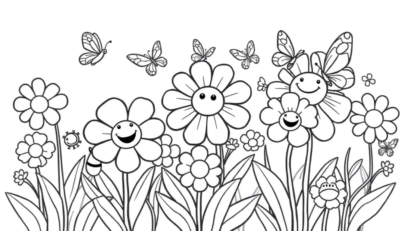 Placa de color: Un jardín dibujado en blanco y negro con flores sonrientes y mariposas.