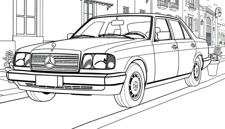 Un coche Mercedes-Benz clásico en blanco y negro para colorear, con la placa de color esperando ser pintada.