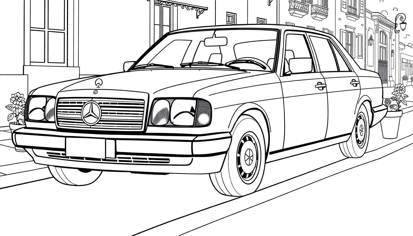 Un coche Mercedes-Benz clásico en blanco y negro para colorear, con la placa de color esperando ser pintada.
