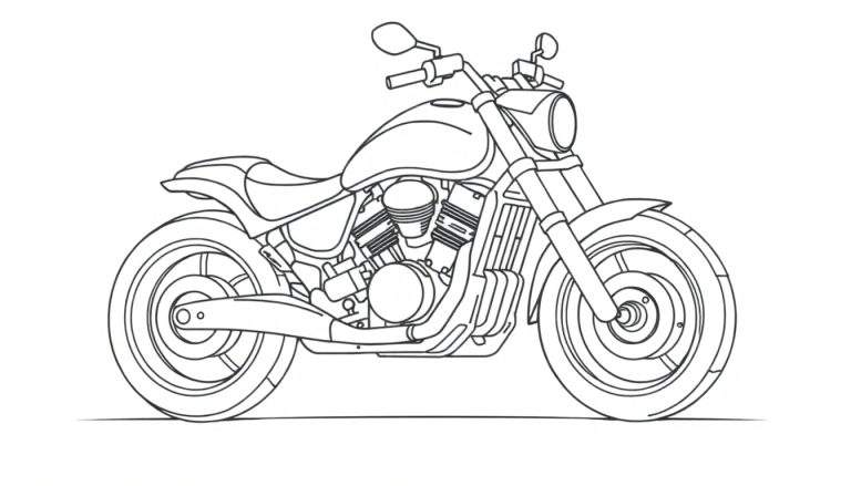 Placa de color: Dibujo lineal de una motocicleta con ruedas grandes y manillar brillante.