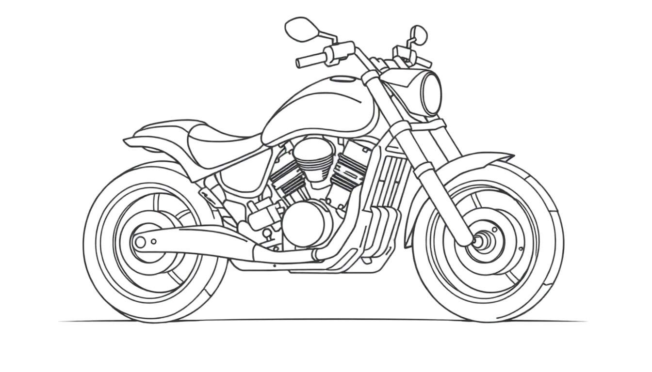 Placa de color: Dibujo lineal de una motocicleta con ruedas grandes y manillar brillante.