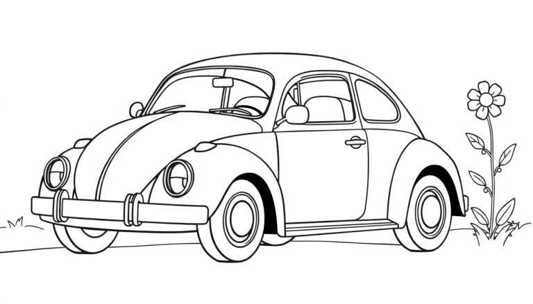 Un coche Escarabajo de Volkswagen de dibujos animados, listo para colorear en una placa de color.