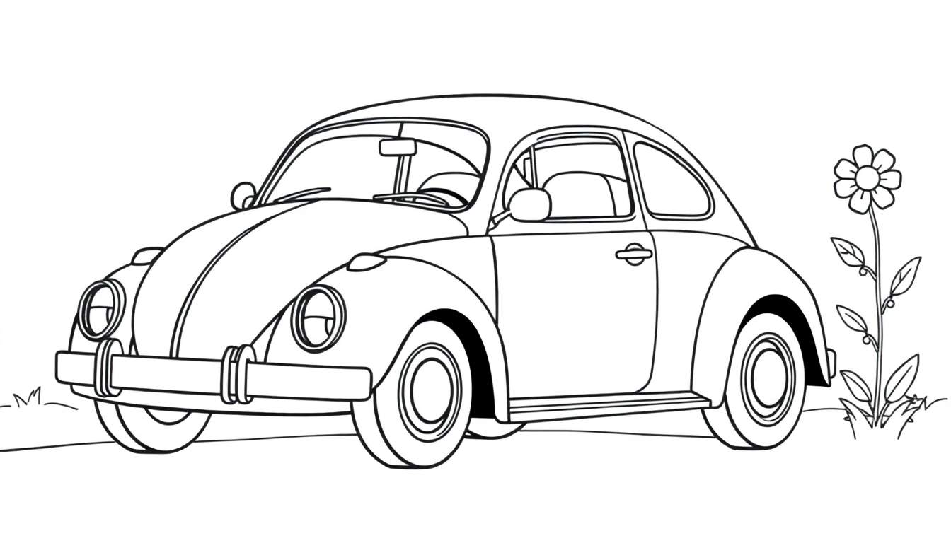 Un coche Escarabajo de Volkswagen de dibujos animados, listo para colorear en una placa de color.