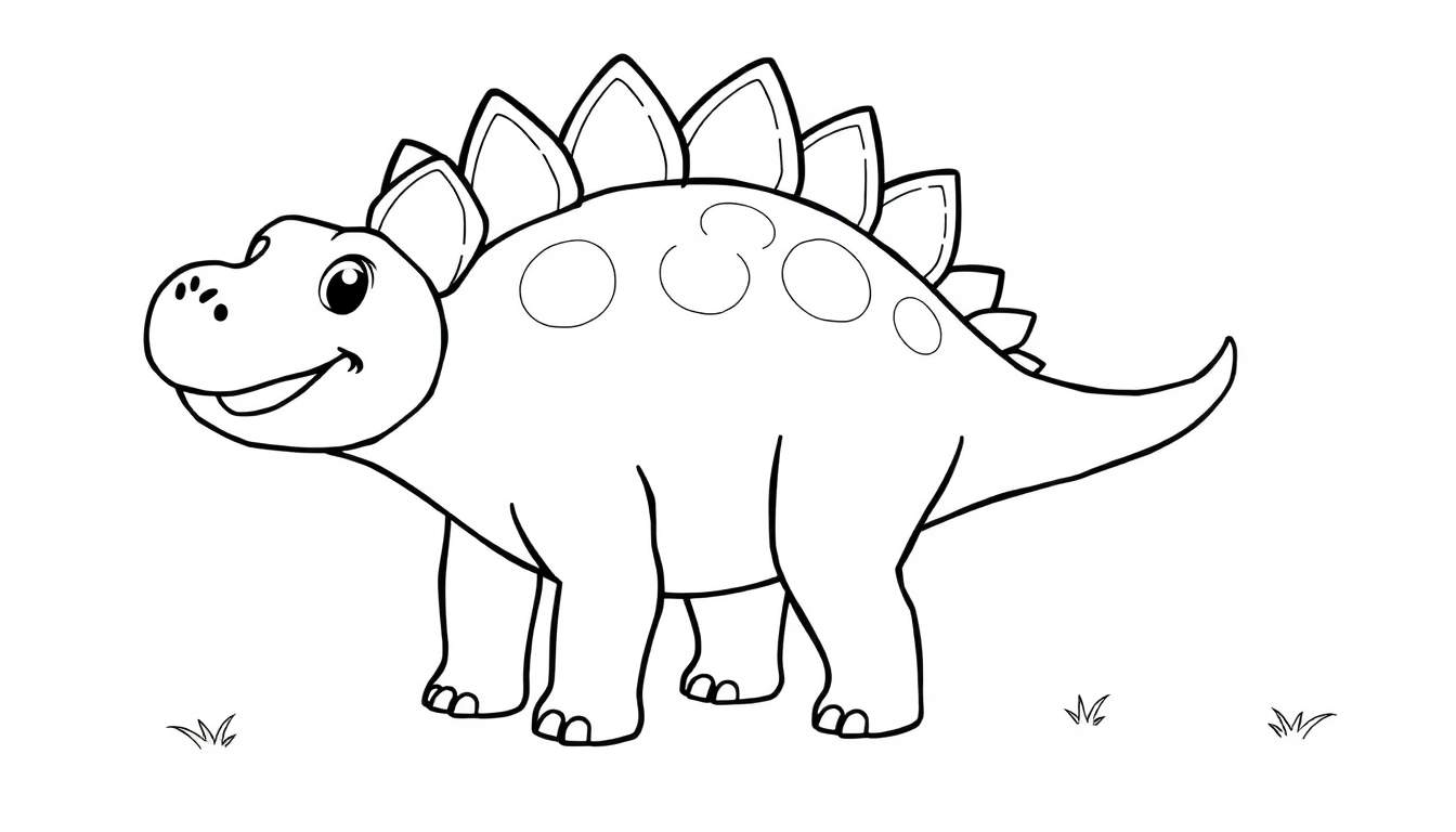 Un dibujo lineal de un Estegosaurio sonriente con sus distintivas placas en la espalda, listo para ser coloreado.