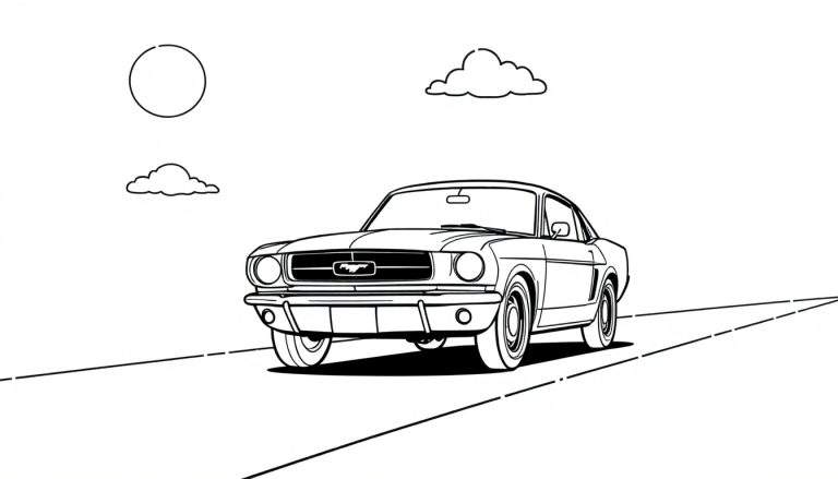 Un lindo Ford Mustang clásico en una página para colorear, listo para añadirle su propia placa de color.
