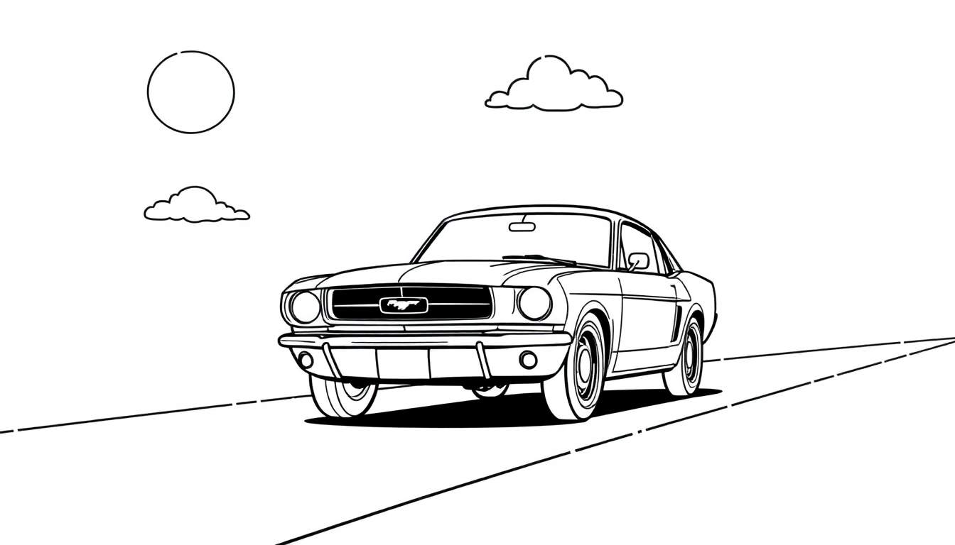 Un lindo Ford Mustang clásico en una página para colorear, listo para añadirle su propia placa de color.