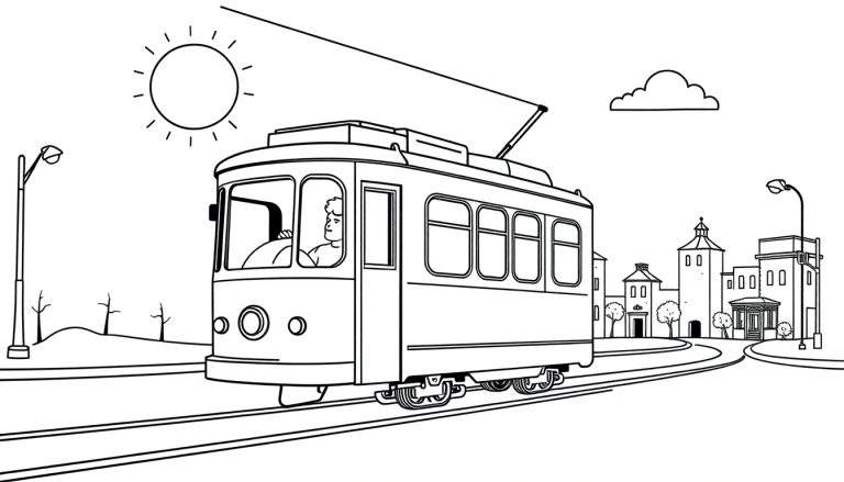 Un dibujo lineal de un tranvía retro y amigable en una calle soleada, listo para ser coloreado.