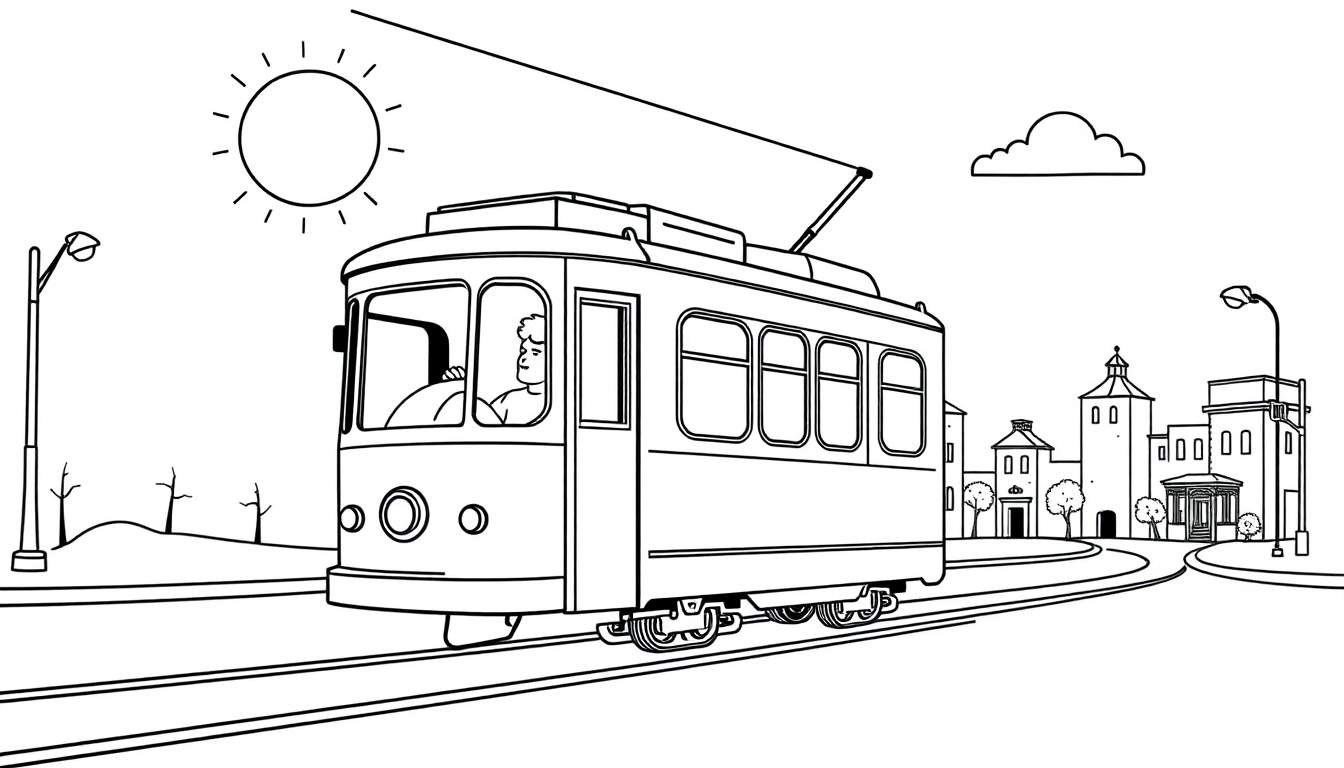 Un dibujo lineal de un tranvía retro y amigable en una calle soleada, listo para ser coloreado.