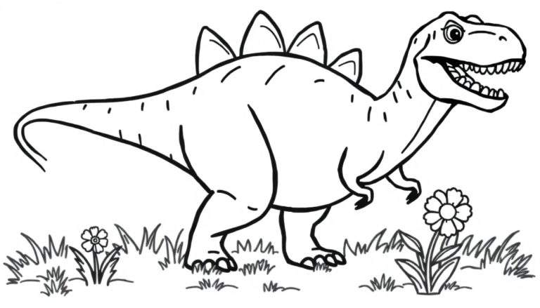 Un dibujo de un T-Rex amigable con placas para colorear.