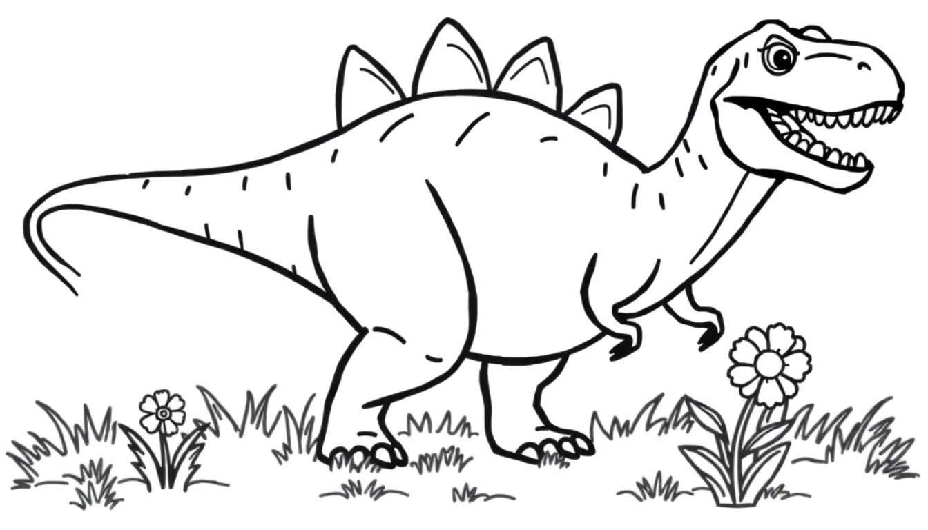 Un dibujo de un T-Rex amigable con placas para colorear.