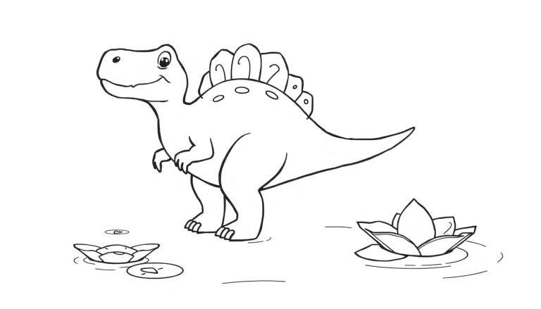 Un dinosaurio amigable, posiblemente un Espinosaurio, de pie junto a un estanque con nenúfares, listo para ser coloreado. El dibujo resalta sus características distintivas, como la placa en la espalda.
