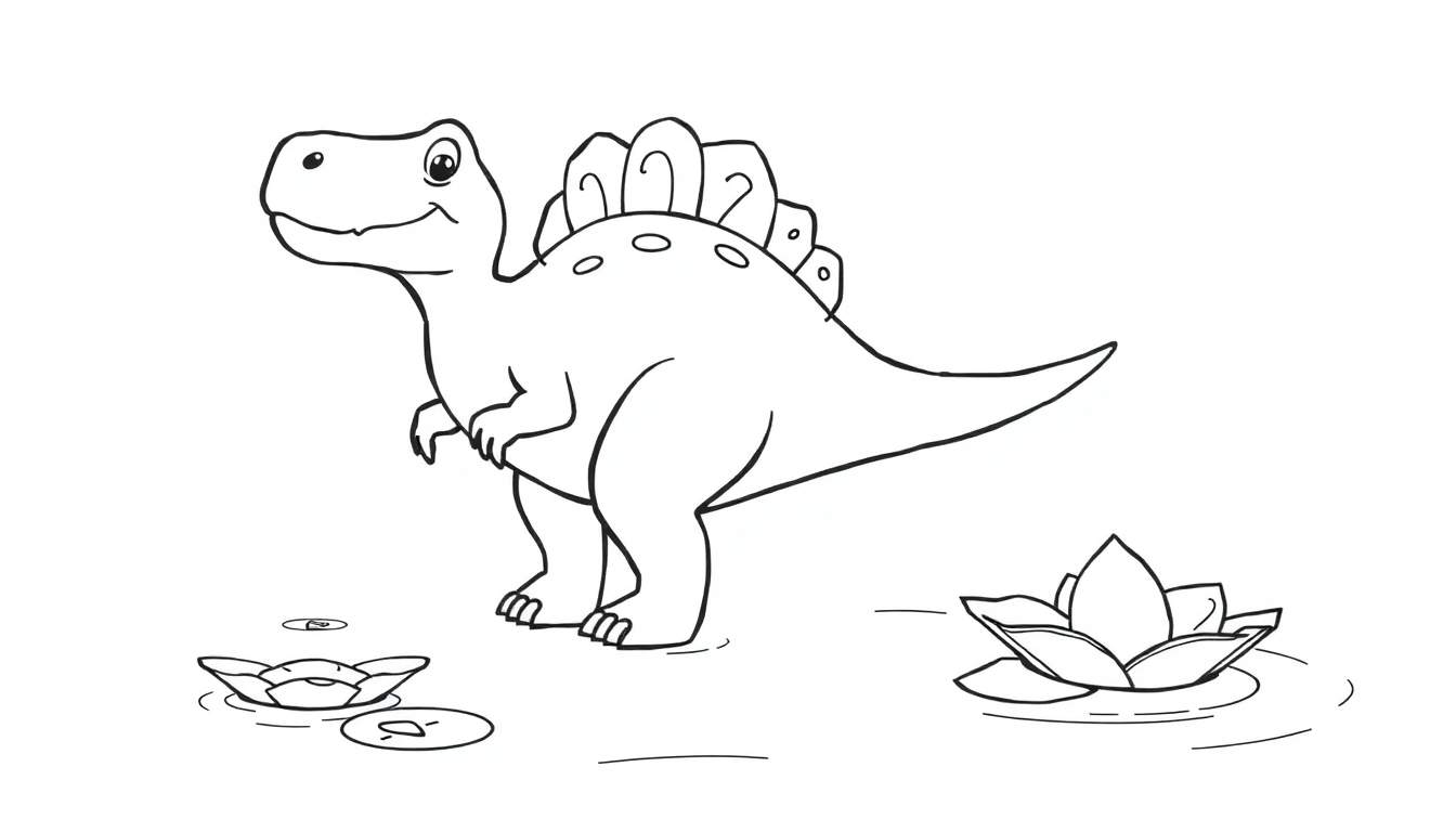Un dinosaurio amigable, posiblemente un Espinosaurio, de pie junto a un estanque con nenúfares, listo para ser coloreado. El dibujo resalta sus características distintivas, como la placa en la espalda.