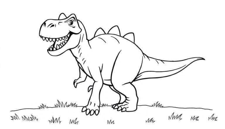 Un dibujo de un Tiranosaurio Rex amigable listo para colorear, con una placa de color en su espalda.