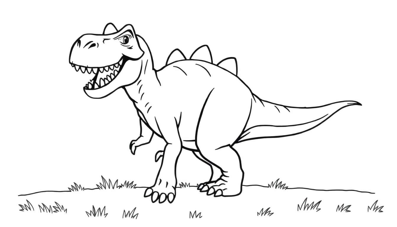 Un dibujo de un Tiranosaurio Rex amigable listo para colorear, con una placa de color en su espalda.