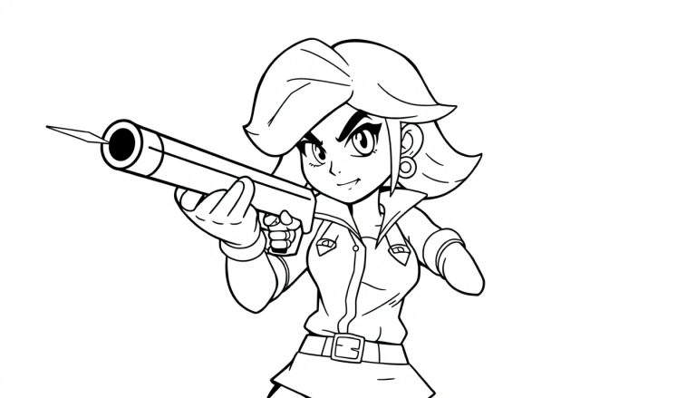 Una página para colorear de Shelly de Brawl Stars con un arma, lista para la acción en una placa de color en blanco y negro.