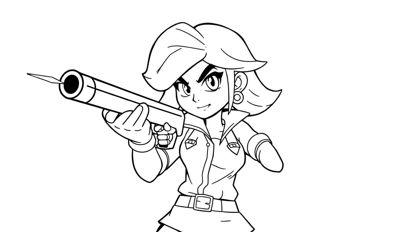 Una página para colorear de Shelly de Brawl Stars con un arma, lista para la acción en una placa de color en blanco y negro.