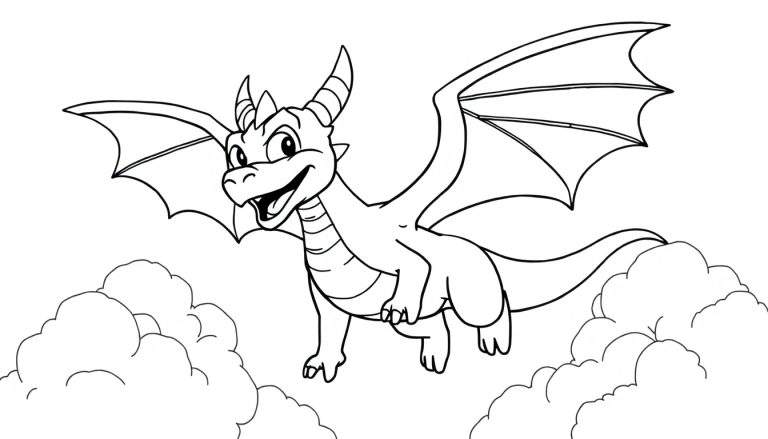 Placa de color de Spyro el dragón morado volando entre nubes.