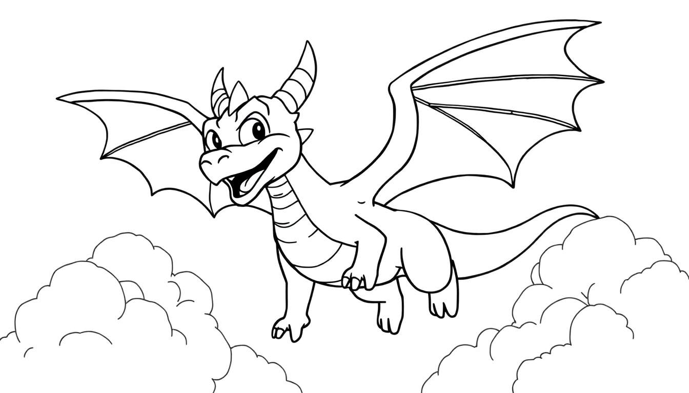 Placa de color de Spyro el dragón morado volando entre nubes.