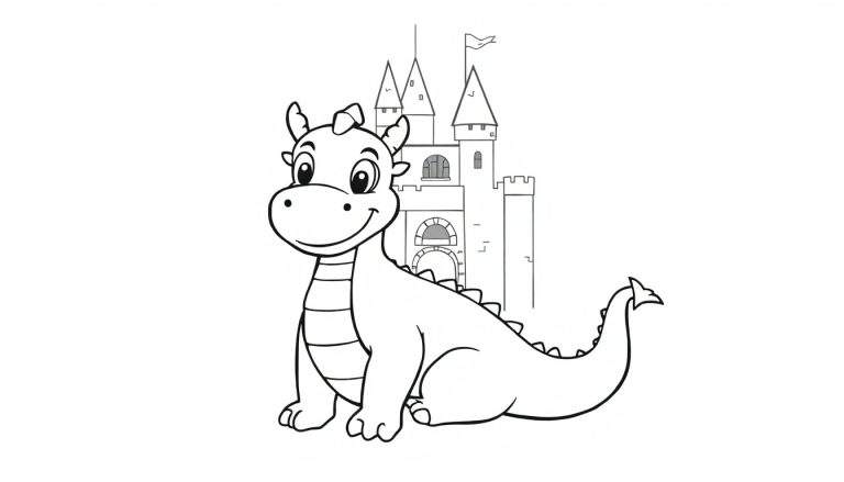Placa de color de un dragón amigable sonriendo frente a un castillo de dibujos animados con una torre y un estandarte.