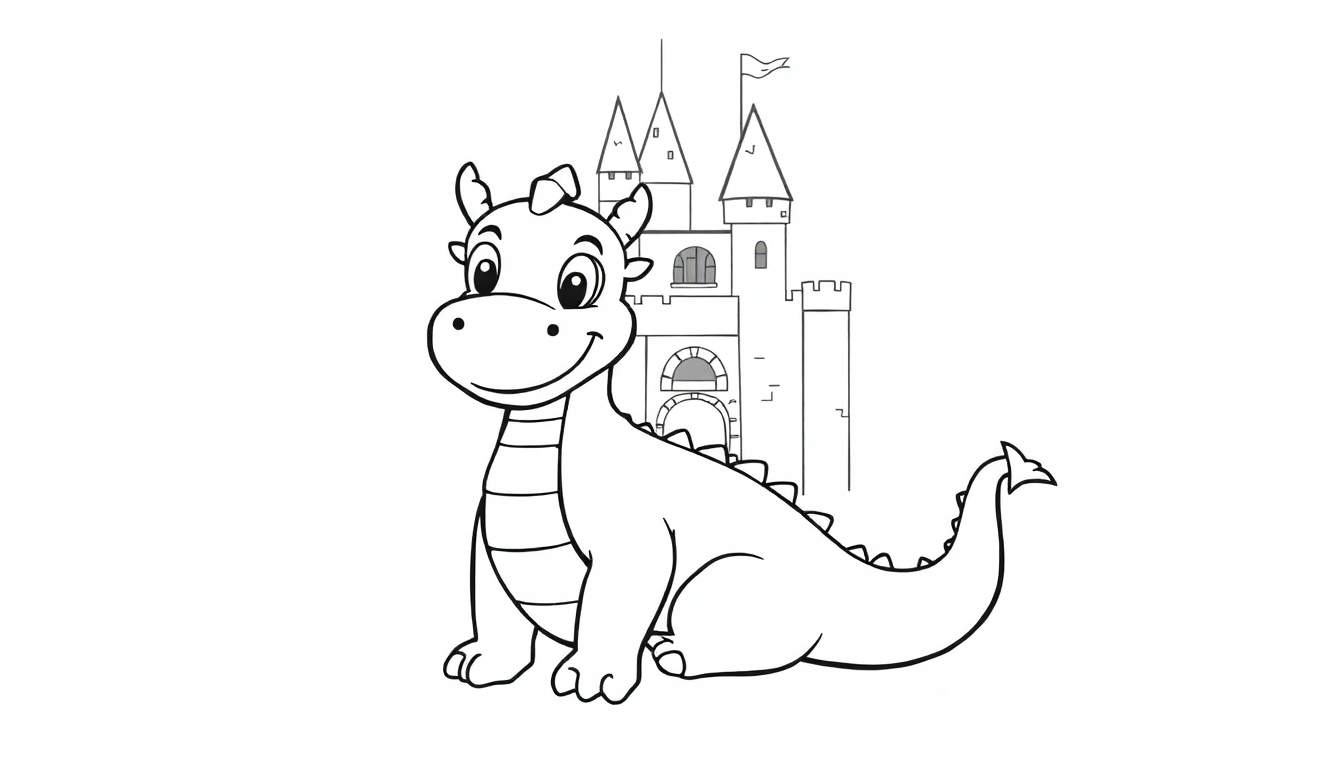 Placa de color de un dragón amigable sonriendo frente a un castillo de dibujos animados con una torre y un estandarte.