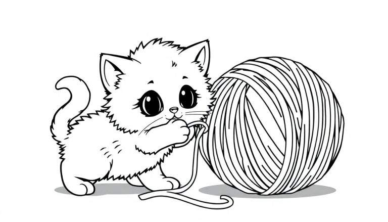 Gatito jugando con un ovillo de lana, página para colorear, placa de color