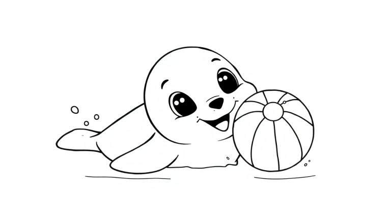 Una foca sonriente en blanco y negro jugando con una pelota de playa, lista para colorear. Placa de color.